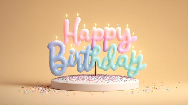 Whimsical topper styled as glowing pastel "Happy Birthday" text with subtle confetti shimmer. Positioned above frosted cake surface