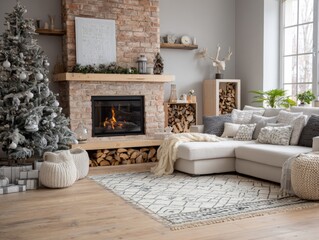 Naklejka premium Cozy winter living room interior with fireplace Christmas decor and warm natural light