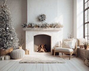 Naklejka premium White Christmas living room with fireplace and tree cozy winter interior natural light
