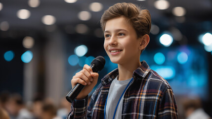 Faceless teenager confidently addressing peers with microphone at youth leadership conference, public speaking and empowerment, defocused audience background, with copy space