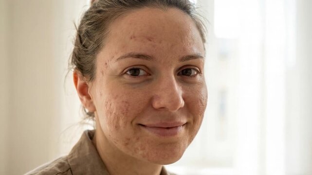 Woman with acne scars looking calmly into camera natural beauty and self acceptance portrait