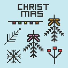 Christmas Pixel Art Icon Set with Santa Claus Snowman and Holiday Decorations