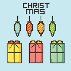 Christmas Pixel Art Icon Set with Santa Claus Snowman and Holiday Decorations