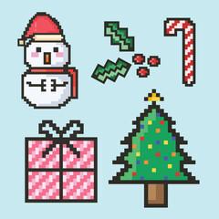 Christmas Pixel Art Icon Set with Santa Claus Snowman and Holiday Decorations