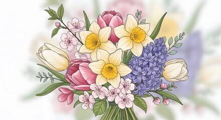 Vibrant Hand-Drawn Spring Flower Bouquet Illustration Featuring Daffodils, Tulips, and Hyacinths, Perfect for Seasonal Greetings and Elegant Floral Designs