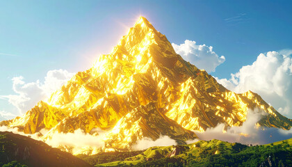 Breathtaking majestic golden mountain peak in fantasy landscape. divine light glows from summit under blue sky with cloud