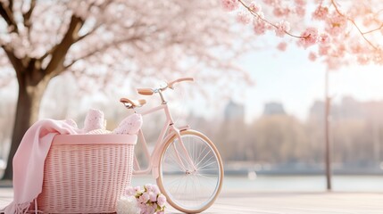Vintage pink bicycle with picnic basket under blooming cherry trees