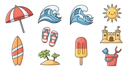 Vibrant vector icons for summer and beach vacation. Includes umbrella, waves, surfboard, sandcastle, sun, flip flops, and tropical island elements