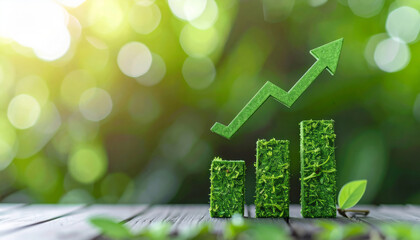 Optimistic green business growth showing sustainable progress and eco friendly success. rising financial chart with arrow on nature background