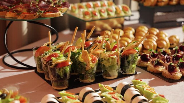 Catering buffet with assorted finger food and appetizers at event