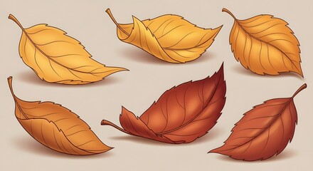 A beautiful collection of hand-drawn autumn leaves in various shades of yellow, orange, and red, depicting the vibrant essence of the fall season and natural beauty