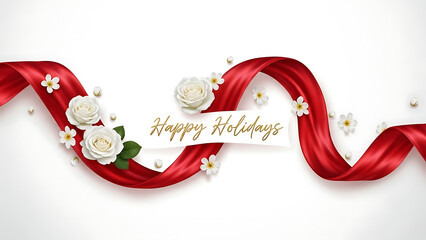A vibrant red ribbon gracefully adorned with white roses and pearls wishing happy holidays