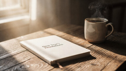 A peaceful and warm morning scene, with a New Year's resolution notebook and a cup of hot coffee placed on a rustic wooden table by the window, where natural sunlight streams in warmly.