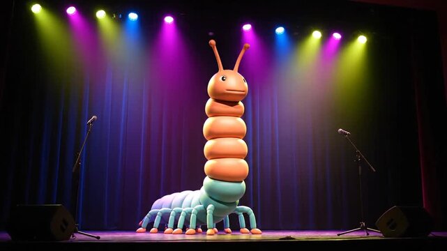Giant Caterpillar Puppet Show on Stage with Colorful Lights.