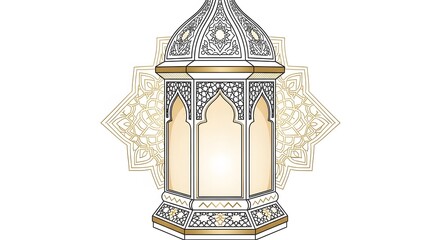 Elegantly designed ornate Islamic lantern illustration, perfect for Ramadan or Eid al-Fitr decorations, featuring intricate arabesque patterns and a warm, inviting glow