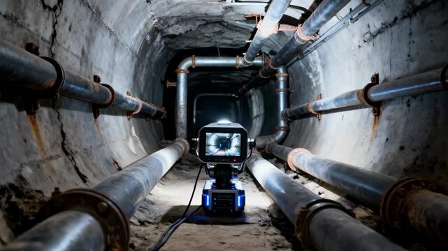 Closeup medium shot of an HD robotic camera system streaming live footage inside a complex network of underground pipelines for maintenance monitoring.