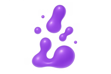 Purple 3d liquid blobs creating an abstract fluid splash or melting organic shapes, glossy vibrant render on transparent background