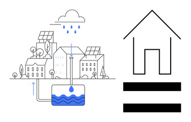 Naklejka premium Rainwater harvesting system integrated into a cityscape with solar panels on buildings. Equal housing representation. Ideal for sustainability, urban planning, eco-friendliness, green energy, climate