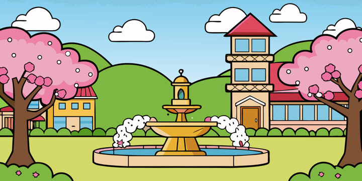 Bl&uuml;hende Kirschb&auml;ume in Kirchheim unter Teck mit Osterbrunnen im Fr&uuml;hling.
