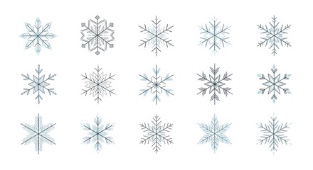 A diverse collection of elegant snowflake illustrations in varying intricate designs, featuring shades of blue and gray, ideal for winter season projects and holiday decorations