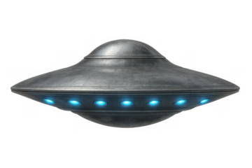 Ufo flying saucer concept with glowing blue lights, gray alien spaceship technology, unidentified object from outer space