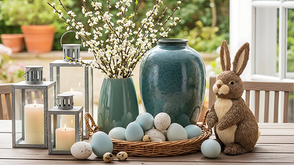 Easter decoration with eggs, vase, candles, and bunny on outdoor table setting