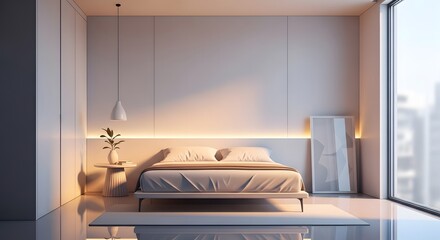 Tranquil and luxurious modern minimalist bedroom interior with warm ambient lighting, large window overlooking a city skyline, and a comfortable, contemporary design aesthetic