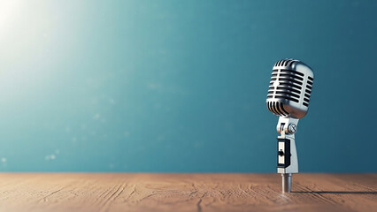 Vintage Silver Microphone on Wooden Table with Blue Wall Background