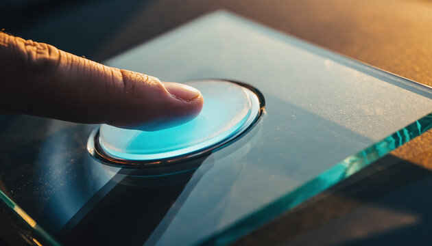 Close-up Of A Finger Pressing A Submit Button On A Futuristic Glass Interface, Macro Shot, Technology Concept