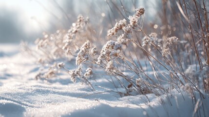 Frosty meadow at dawn with sunlight glinting on frozen plants.