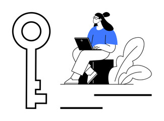 Fototapeta premium Digital security concept. A key icon protection, while a person using a laptop highlights secure online access. Digital security for privacy, cybersecurity, technology, remote work, and data