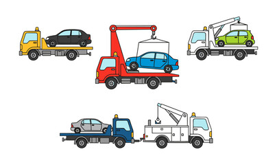 Naklejka premium Tow trucks lifting and transporting broken down cars