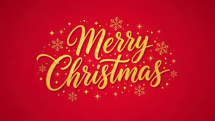 Merry Christmas festive gold text on red background with snowflakes and stars