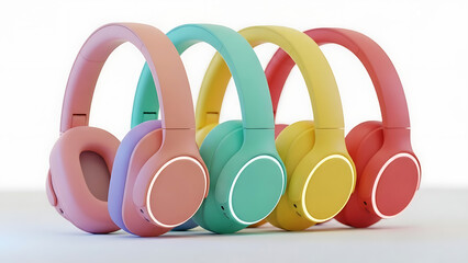 Colorful headphones in pink, purple, teal, yellow, and red on white background