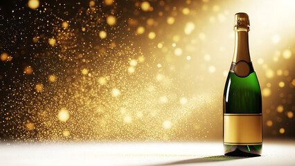 Champagne bottle on white table with gold glitter background for celebration and party
