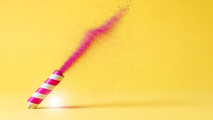 Vibrant pink smoke bomb exploding on yellow background with colorful sparks flying everywhere