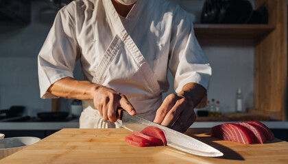 Close-up Of Sushi Chef Slicing Fresh Tuna With Knife, Culinary Skill, Japanese Cuisine, Food Preparation, Precise Cutting