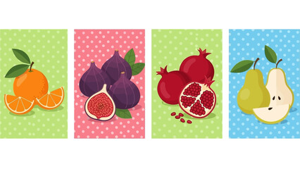 Colorful Set of Fruit Illustrations Featuring Oranges Figs Pomegranates and Pears