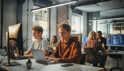 Coding Bootcamp Students Working On Computers In A Modern Office Space, Coding, Technology, Education, Programming, Collaboration, Modern, Interior