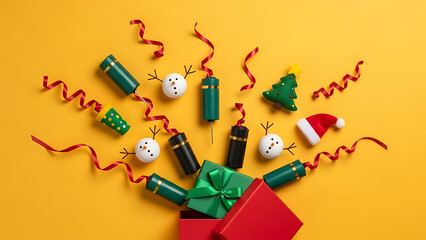 Festive Christmas decorations and gifts exploding out of a box on yellow background