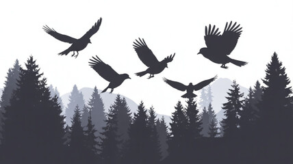 Obraz premium Silhouette flock of birds flying over dark