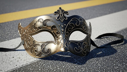 Venetian Masquerade Masks: Gold and Black Ornate Masks on Asphalt Road