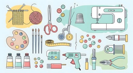 A vibrant collection of essential tools for diverse creative crafts and DIY projects, including knitting, sewing, and painting, perfect for hobbyists and artists seeking inspiration