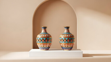 Vibrant Traditional Pottery Vases on Display Against Beige Background with Arched Recess