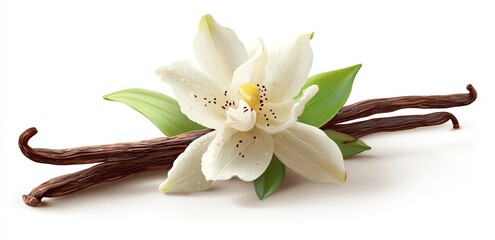 White vanilla orchid flower and dark brown vanilla beans