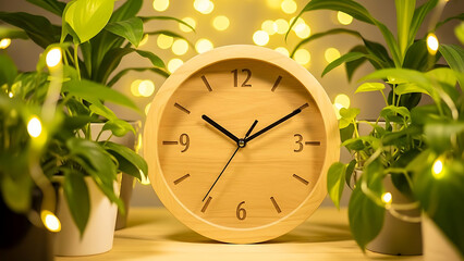 Cozy indoor scene with wooden clock and lush green plants with string lights