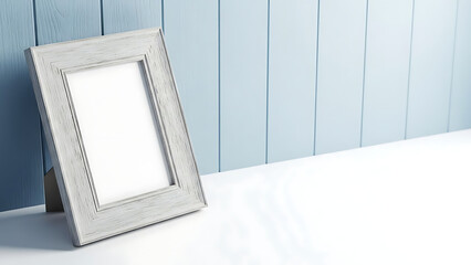 Empty white wooden picture frame on blue wooden background with copy space