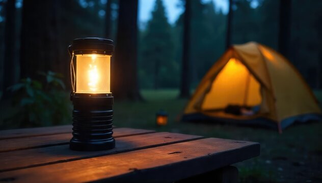 A durable camp flashlight sits on a rustic wooden table near a tent, casting a warm glow against a nighttime forest backdrop Perfect for camping, hiking, and outdoor adventures , rustic, equipment