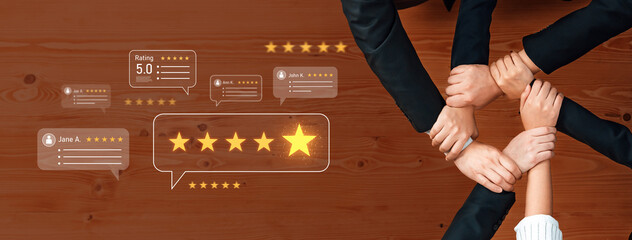Visual representation of teamwork with hands joined in collaboration, showcasing star ratings and feedback bubbles, symbolizing unity and successful business interactions. Trope