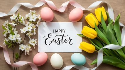 Easter celebration with colorful eggs flowers and Happy Easter card on wooden background
